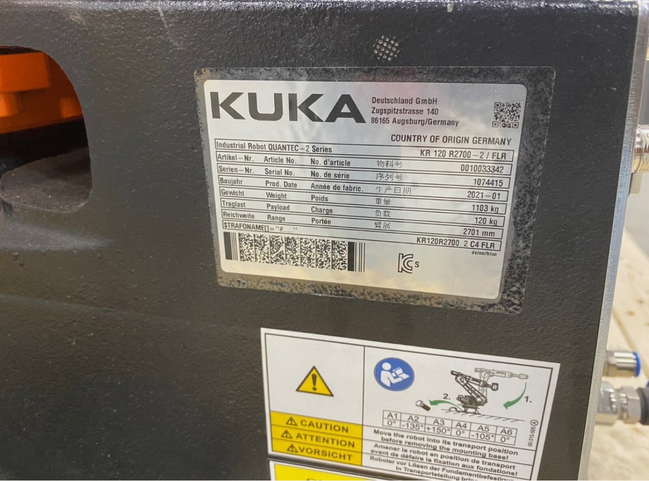Used Kuka KR 120 R2700-2 / FLR Robot System w/ KR C4 NA UL Cabinet Controller, 2021