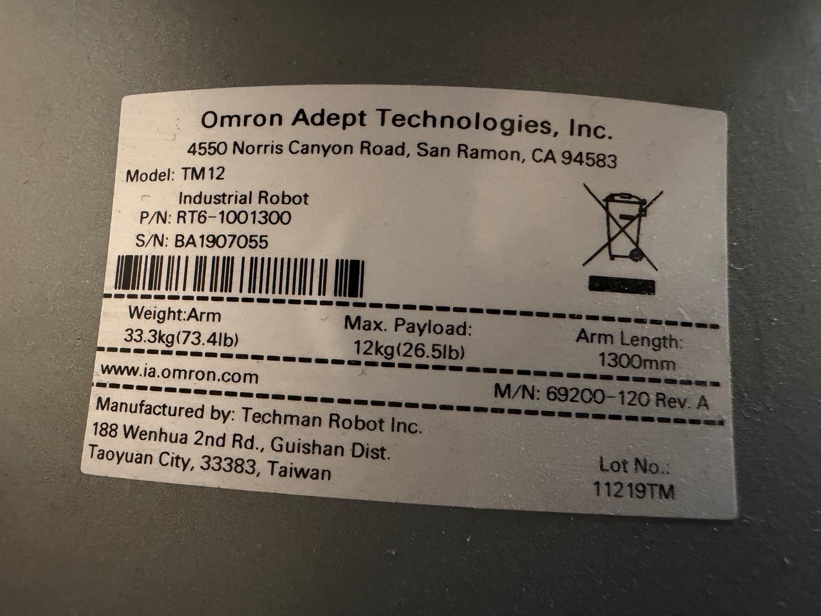 Omron TM12 Collaborative Robot Arm (Cobot) | 12kg Payload | 1300mm Reach |